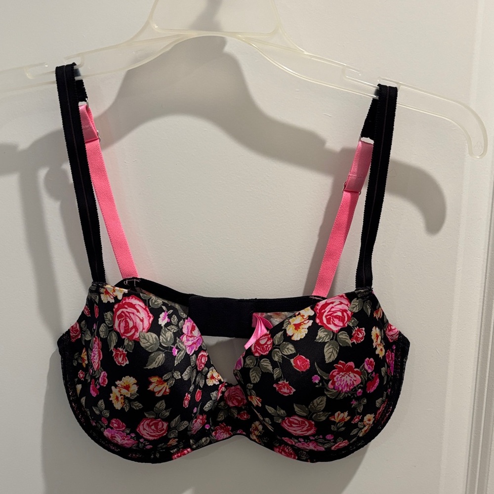 Betsey Johnson Black Bra with Pink Floral Design